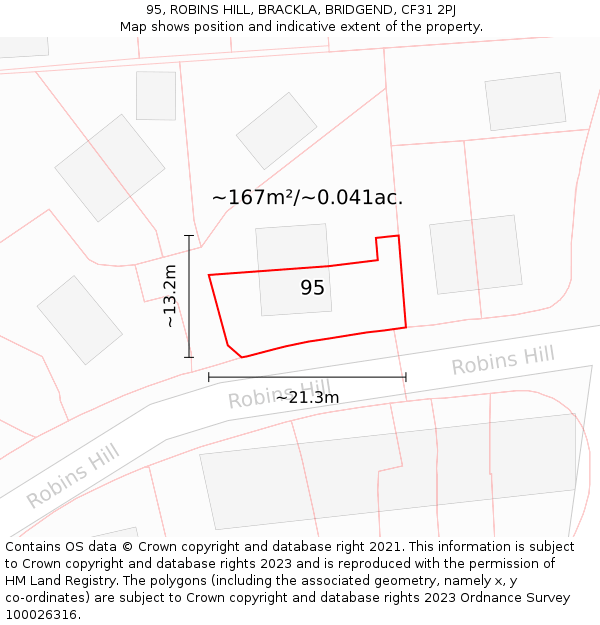 95, ROBINS HILL, BRACKLA, BRIDGEND, CF31 2PJ: Plot and title map