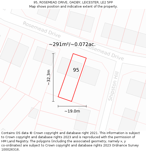 95, ROSEMEAD DRIVE, OADBY, LEICESTER, LE2 5PP: Plot and title map