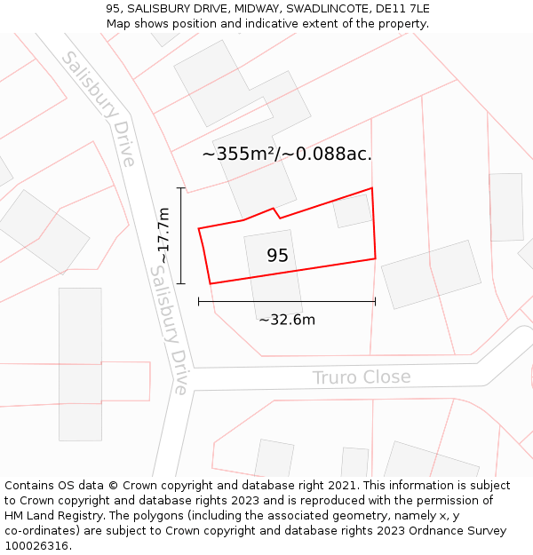 95, SALISBURY DRIVE, MIDWAY, SWADLINCOTE, DE11 7LE: Plot and title map