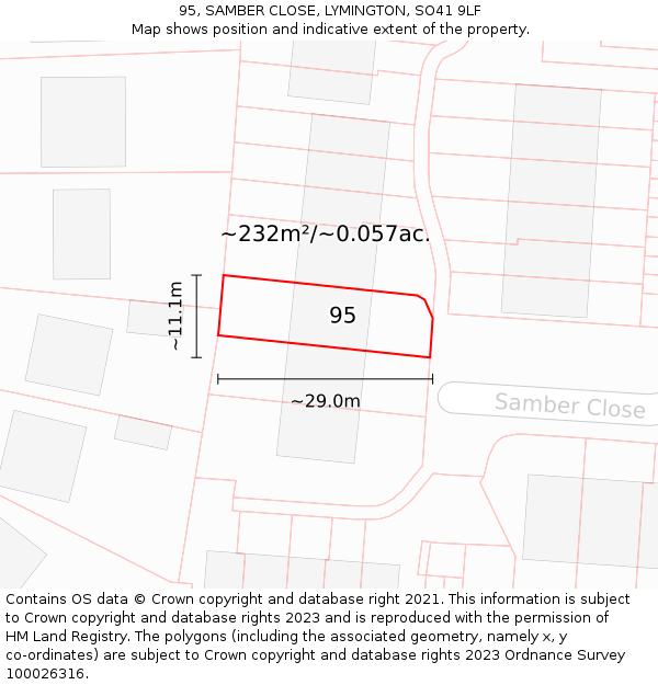 95, SAMBER CLOSE, LYMINGTON, SO41 9LF: Plot and title map