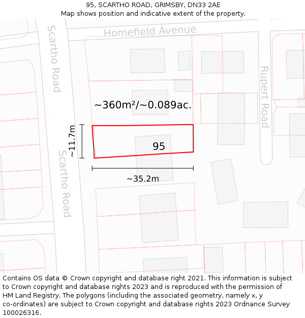 95, SCARTHO ROAD, GRIMSBY, DN33 2AE: Plot and title map