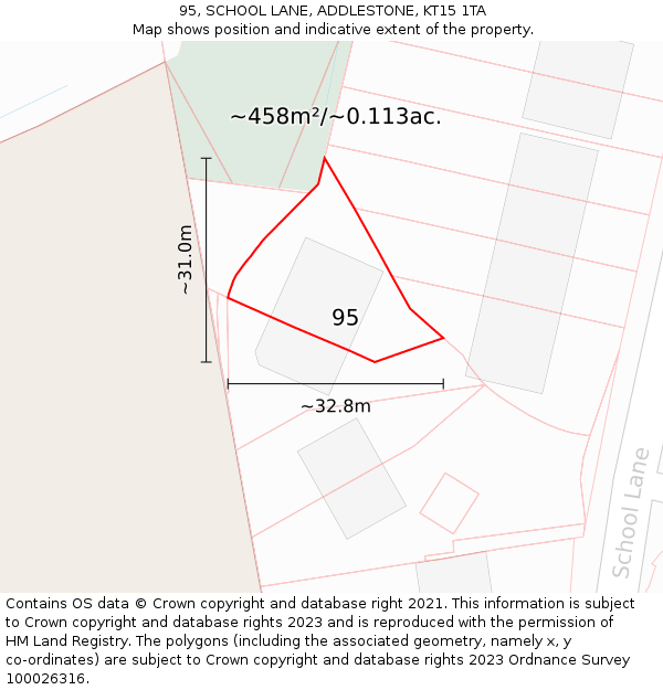 95, SCHOOL LANE, ADDLESTONE, KT15 1TA: Plot and title map