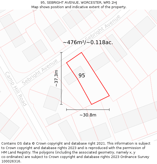 95, SEBRIGHT AVENUE, WORCESTER, WR5 2HJ: Plot and title map