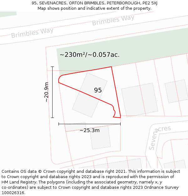 95, SEVENACRES, ORTON BRIMBLES, PETERBOROUGH, PE2 5XJ: Plot and title map
