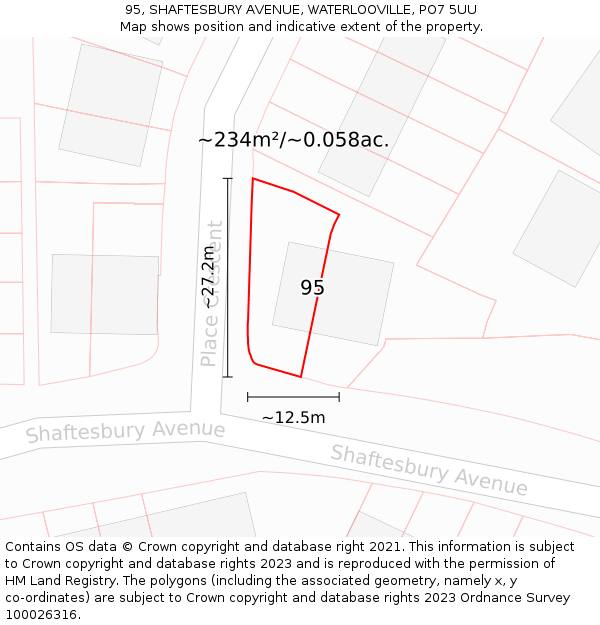 95, SHAFTESBURY AVENUE, WATERLOOVILLE, PO7 5UU: Plot and title map