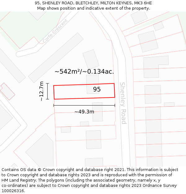 95, SHENLEY ROAD, BLETCHLEY, MILTON KEYNES, MK3 6HE: Plot and title map