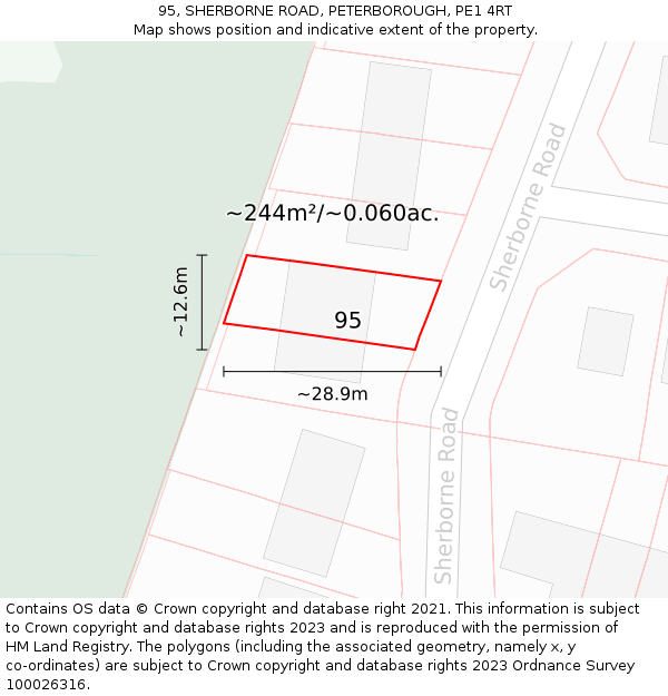 95, SHERBORNE ROAD, PETERBOROUGH, PE1 4RT: Plot and title map