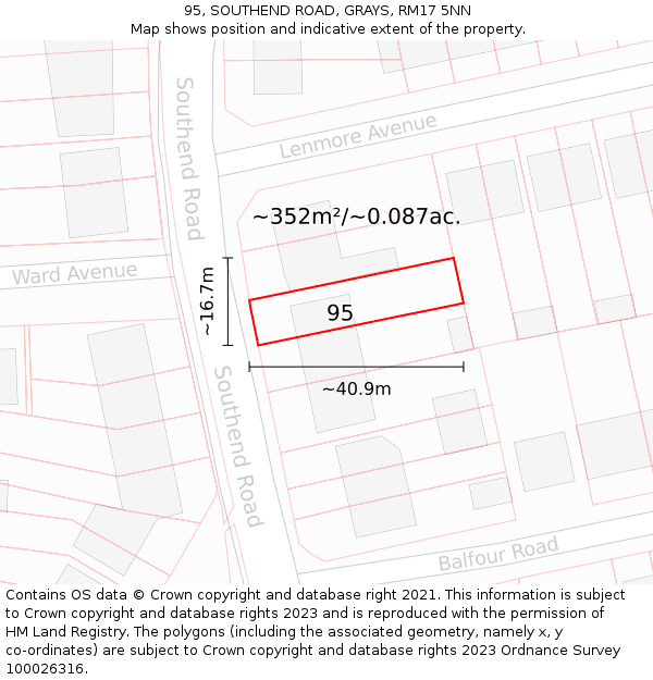 95, SOUTHEND ROAD, GRAYS, RM17 5NN: Plot and title map