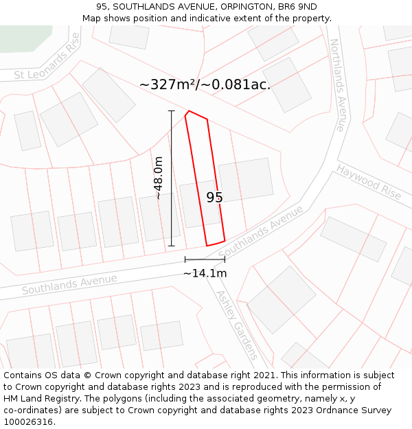 95, SOUTHLANDS AVENUE, ORPINGTON, BR6 9ND: Plot and title map