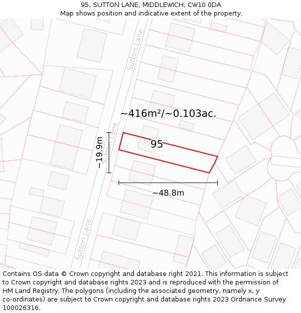95, SUTTON LANE, MIDDLEWICH, CW10 0DA: Plot and title map