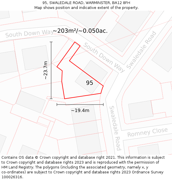 95, SWALEDALE ROAD, WARMINSTER, BA12 8FH: Plot and title map
