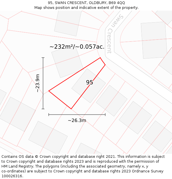 95, SWAN CRESCENT, OLDBURY, B69 4QQ: Plot and title map