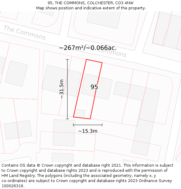 95, THE COMMONS, COLCHESTER, CO3 4NW: Plot and title map