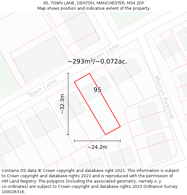 95, TOWN LANE, DENTON, MANCHESTER, M34 2DF: Plot and title map