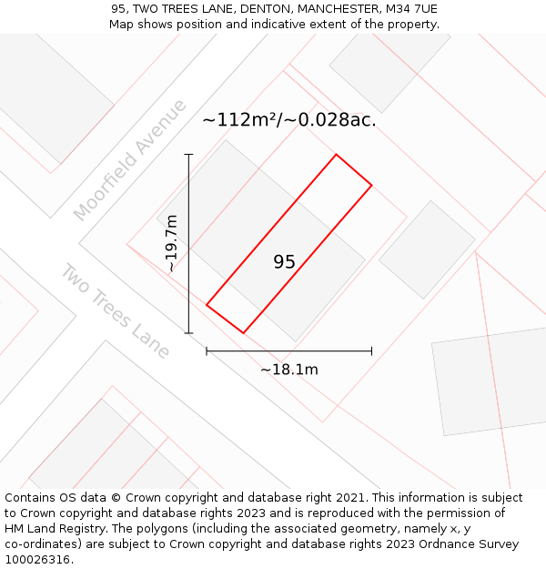 95, TWO TREES LANE, DENTON, MANCHESTER, M34 7UE: Plot and title map