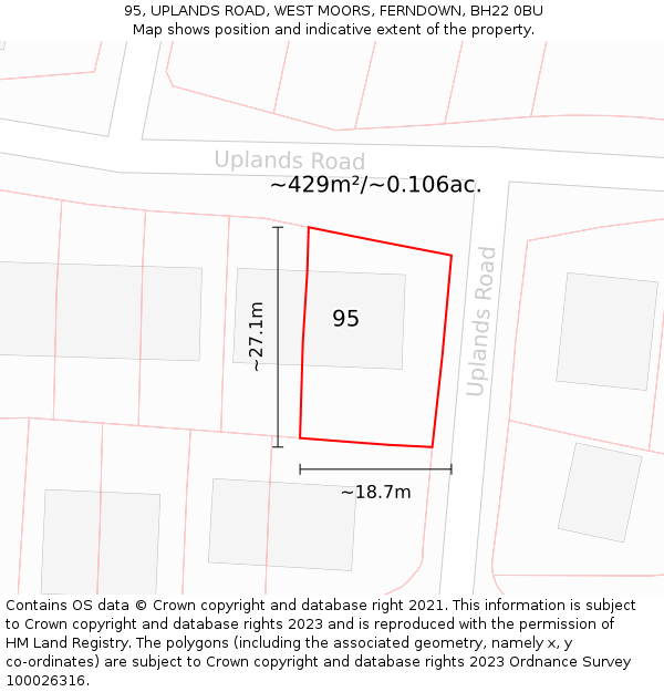 95, UPLANDS ROAD, WEST MOORS, FERNDOWN, BH22 0BU: Plot and title map