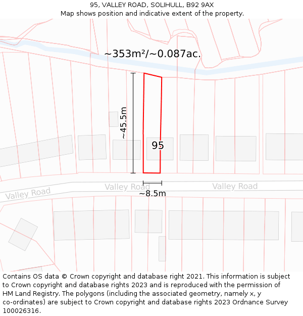 95, VALLEY ROAD, SOLIHULL, B92 9AX: Plot and title map
