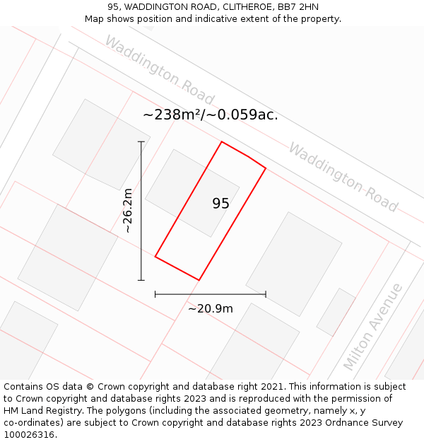 95, WADDINGTON ROAD, CLITHEROE, BB7 2HN: Plot and title map