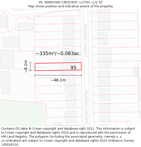 95, WARDOWN CRESCENT, LUTON, LU2 7JT: Plot and title map
