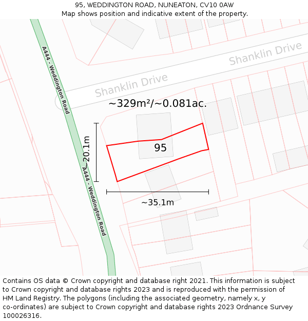 95, WEDDINGTON ROAD, NUNEATON, CV10 0AW: Plot and title map