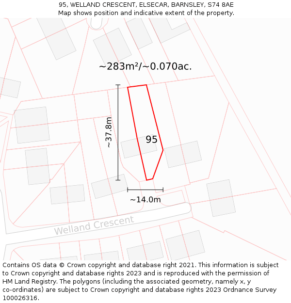 95, WELLAND CRESCENT, ELSECAR, BARNSLEY, S74 8AE: Plot and title map