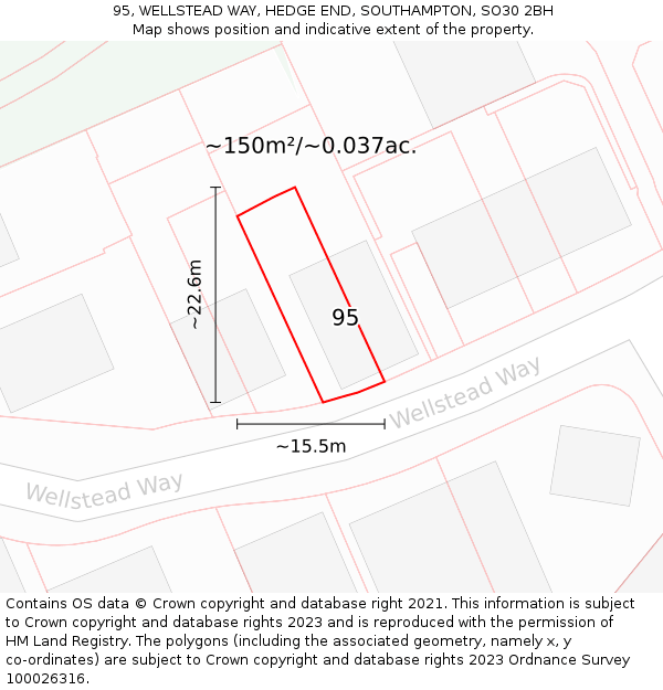 95, WELLSTEAD WAY, HEDGE END, SOUTHAMPTON, SO30 2BH: Plot and title map