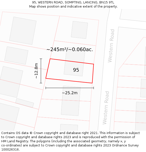 95, WESTERN ROAD, SOMPTING, LANCING, BN15 9TL: Plot and title map