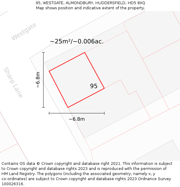 95, WESTGATE, ALMONDBURY, HUDDERSFIELD, HD5 8XQ: Plot and title map
