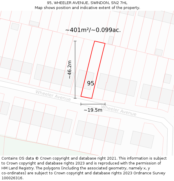 95, WHEELER AVENUE, SWINDON, SN2 7HL: Plot and title map