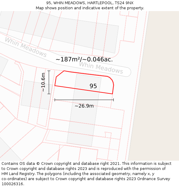 95, WHIN MEADOWS, HARTLEPOOL, TS24 9NX: Plot and title map