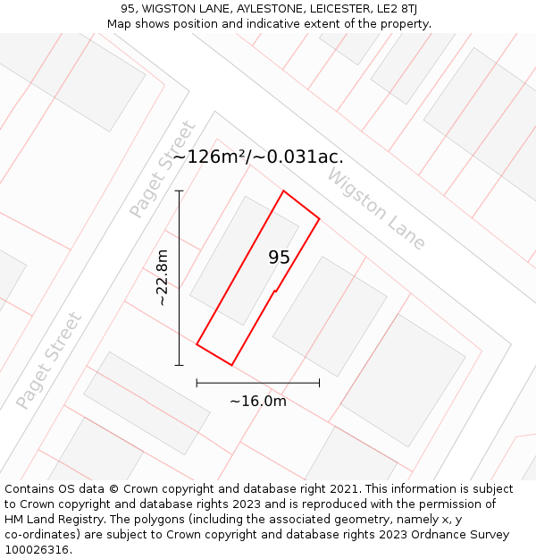 95, WIGSTON LANE, AYLESTONE, LEICESTER, LE2 8TJ: Plot and title map