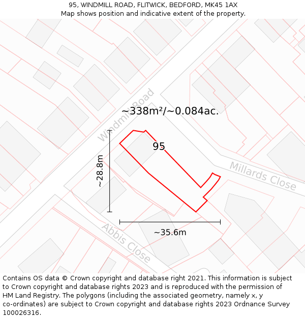 95, WINDMILL ROAD, FLITWICK, BEDFORD, MK45 1AX: Plot and title map