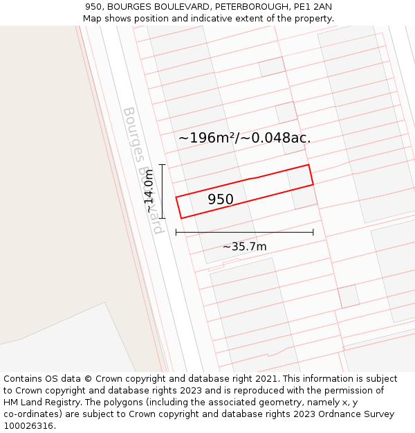 950, BOURGES BOULEVARD, PETERBOROUGH, PE1 2AN: Plot and title map