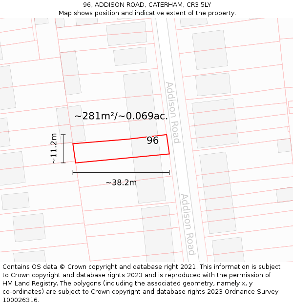 96, ADDISON ROAD, CATERHAM, CR3 5LY: Plot and title map