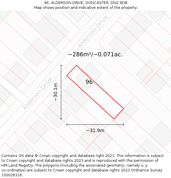 96, ALDERSON DRIVE, DONCASTER, DN2 6DB: Plot and title map