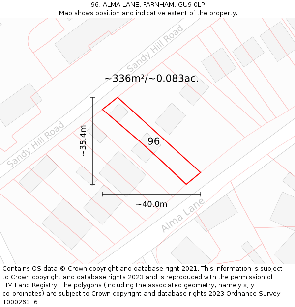 96, ALMA LANE, FARNHAM, GU9 0LP: Plot and title map