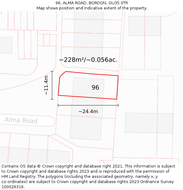 96, ALMA ROAD, BORDON, GU35 0TR: Plot and title map