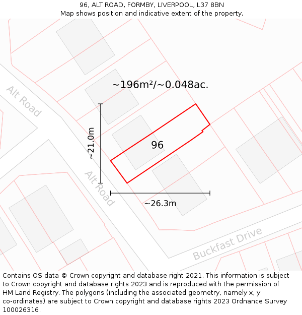 96, ALT ROAD, FORMBY, LIVERPOOL, L37 8BN: Plot and title map