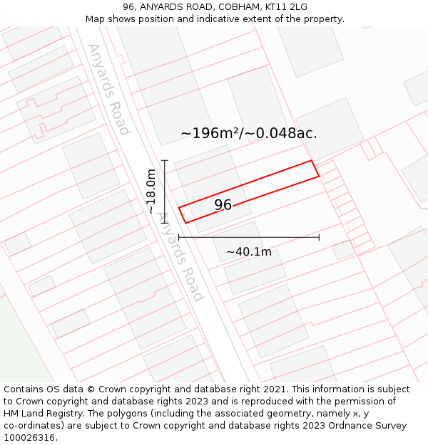 96, ANYARDS ROAD, COBHAM, KT11 2LG: Plot and title map