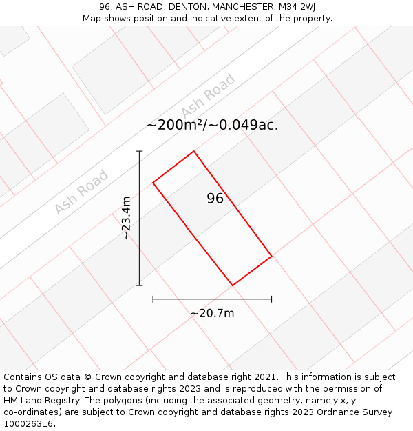 96, ASH ROAD, DENTON, MANCHESTER, M34 2WJ: Plot and title map