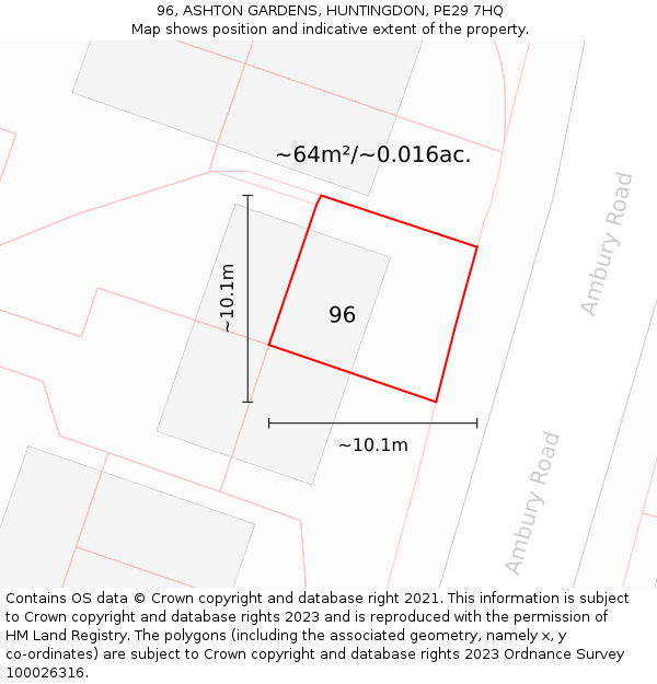 96, ASHTON GARDENS, HUNTINGDON, PE29 7HQ: Plot and title map