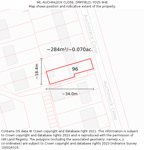 96, AUCHINLECK CLOSE, DRIFFIELD, YO25 9HE: Plot and title map