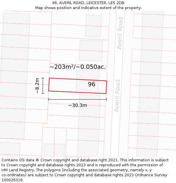 96, AVERIL ROAD, LEICESTER, LE5 2DB: Plot and title map