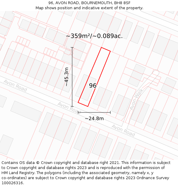 96, AVON ROAD, BOURNEMOUTH, BH8 8SF: Plot and title map
