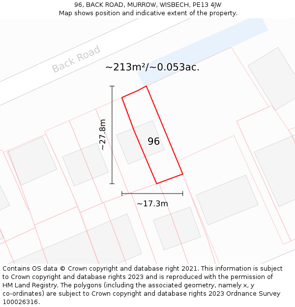 96, BACK ROAD, MURROW, WISBECH, PE13 4JW: Plot and title map