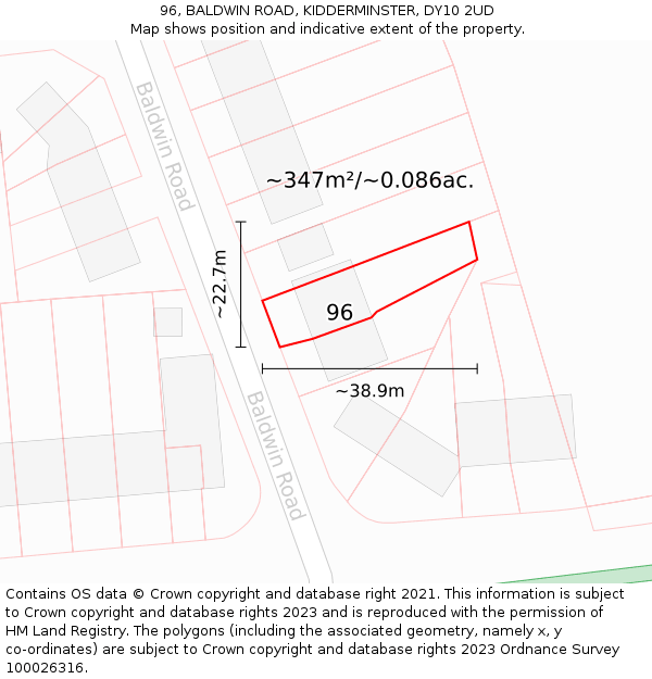 96, BALDWIN ROAD, KIDDERMINSTER, DY10 2UD: Plot and title map
