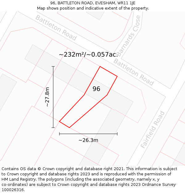 96, BATTLETON ROAD, EVESHAM, WR11 1JE: Plot and title map