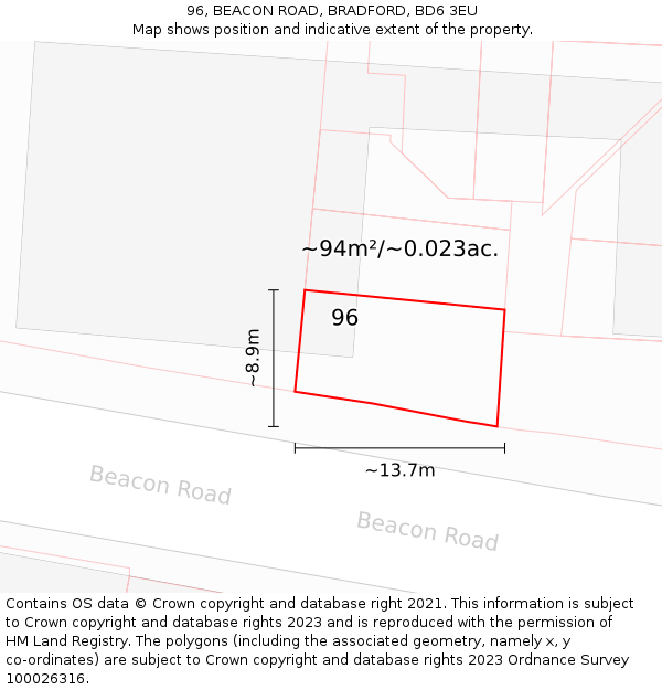 96, BEACON ROAD, BRADFORD, BD6 3EU: Plot and title map