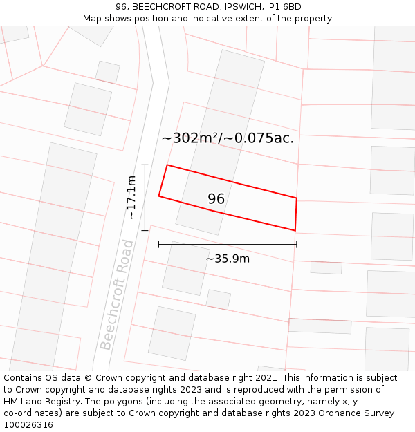 96, BEECHCROFT ROAD, IPSWICH, IP1 6BD: Plot and title map