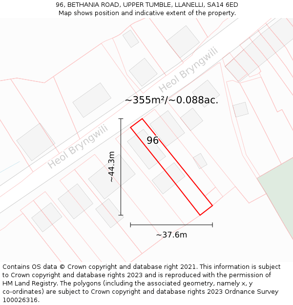 96, BETHANIA ROAD, UPPER TUMBLE, LLANELLI, SA14 6ED: Plot and title map